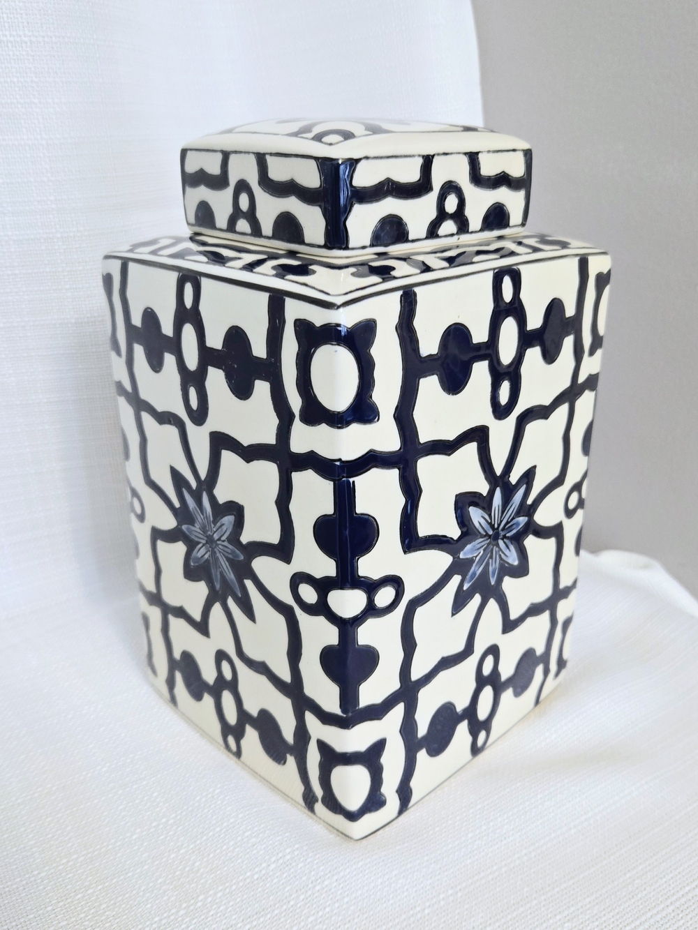 Blue White Jar W Lid Geometric Floral Square Stone Ceramic ~10 In Home Eastern
